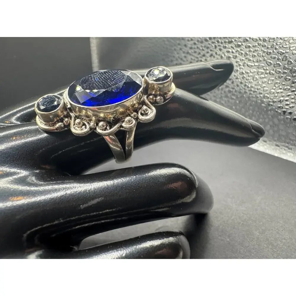 Vtg Blue Sapphire 925 Sterling Silver Jewelry Statement Cocktail Ring Sz 7.5